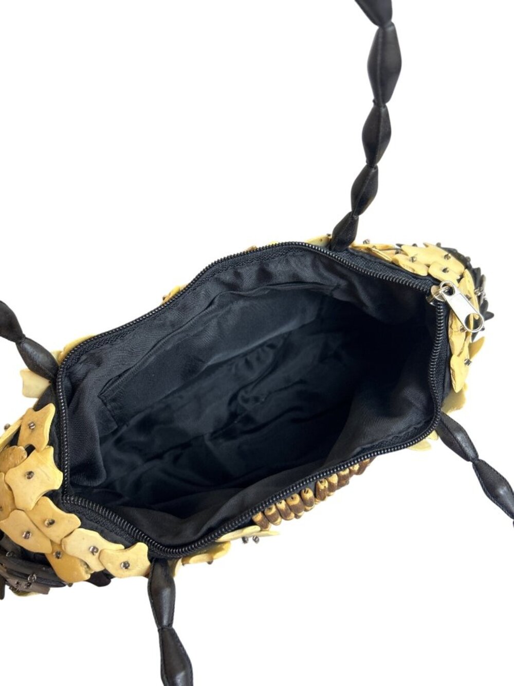 Handmade Woven Bag Black Beige Iridescent Shells Wood Boho Beach Casual Purse - Picture 10 of 11